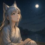 湖畔の縁側で、星と月を見上げる狐耳の少女セン。月白の髪が風に揺れ、青灰の瞳に未来の光が宿る──“未来を眺めること”を静かに肯定する構図。 Sen, a fox-eared girl, sits quietly by a lakeside engawa beneath the stars. Her silver hair sways in the night breeze, blue-gray eyes reflecting the moon’s glow—a portrait of gentle courage in facing the future.