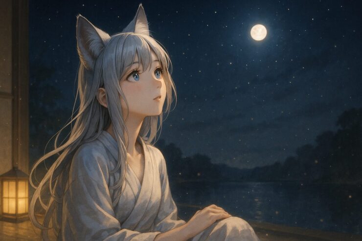 湖畔の縁側で、星と月を見上げる狐耳の少女セン。月白の髪が風に揺れ、青灰の瞳に未来の光が宿る──“未来を眺めること”を静かに肯定する構図。 Sen, a fox-eared girl, sits quietly by a lakeside engawa beneath the stars. Her silver hair sways in the night breeze, blue-gray eyes reflecting the moon’s glow—a portrait of gentle courage in facing the future.
