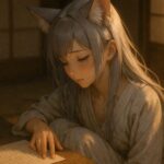 木の文机に向かい、書きかけの手紙を見つめる狐耳の少女セン。銀灰の髪と頬に灯る火種が、“言葉にならなかった想い”にそっと触れている── Sen, a fox-eared girl with silver-gray hair, sits quietly at a wooden desk, gazing down at a letter she once began. A hush surrounds her as unspoken feelings rest gently between her fingertips and her heart.