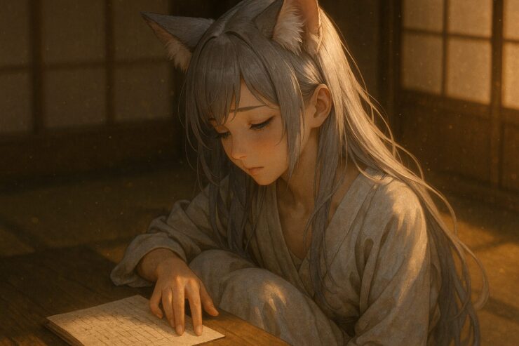 木の文机に向かい、書きかけの手紙を見つめる狐耳の少女セン。銀灰の髪と頬に灯る火種が、“言葉にならなかった想い”にそっと触れている── Sen, a fox-eared girl with silver-gray hair, sits quietly at a wooden desk, gazing down at a letter she once began. A hush surrounds her as unspoken feelings rest gently between her fingertips and her heart.