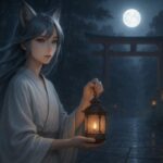 静かな月光がセンの頬と指先の気配を照らし、白い布が呼吸に合わせてわずかに揺れる構図。狐耳が光を集め、心がふっと軽くなるような余白を宿す。 A soft moonlit glow touches her cheek as gentle folds follow her breath. Her fox ears catch the quiet light, creating a serene and contemplative portrait.