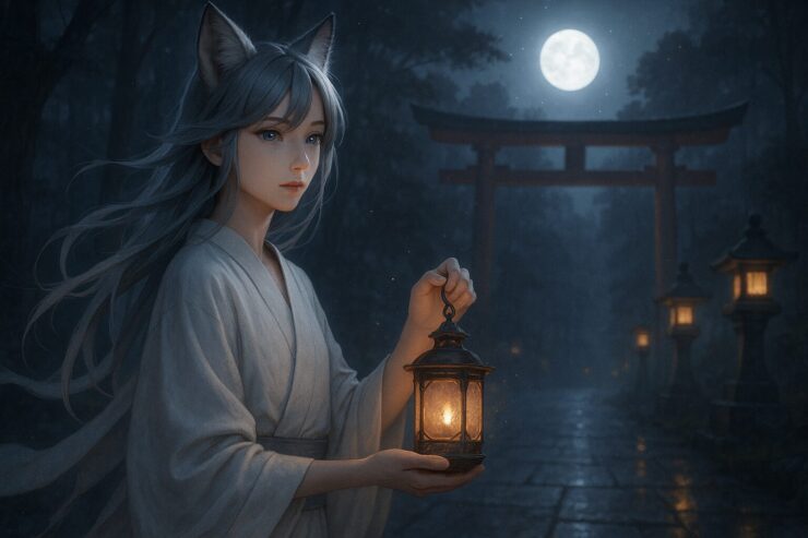 静かな月光がセンの頬と指先の気配を照らし、白い布が呼吸に合わせてわずかに揺れる構図。狐耳が光を集め、心がふっと軽くなるような余白を宿す。 A soft moonlit glow touches her cheek as gentle folds follow her breath. Her fox ears catch the quiet light, creating a serene and contemplative portrait.