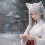 月白の巫女装束をまとった狐獣人の少女センが、冬の神社で視線を落とし、おみくじを静かに手にしている横長ポートレート。 A horizontal portrait of Sen, a young fox demi-human shrine maiden, quietly holding an omikuji at a winter Shinto shrine, her gaze lowered and expression calm.