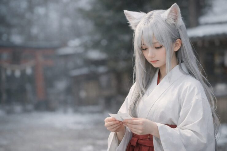 月白の巫女装束をまとった狐獣人の少女センが、冬の神社で視線を落とし、おみくじを静かに手にしている横長ポートレート。 A horizontal portrait of Sen, a young fox demi-human shrine maiden, quietly holding an omikuji at a winter Shinto shrine, her gaze lowered and expression calm.