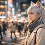 夕暮れの渋谷スクランブル交差点で、柔らかな微笑みを浮かべる狐耳の若い女性の横顔ポートレート。月白のロングヘアに薄墨グラデ、グレーのマフラーと淡色コートの私服。背後は行き交う人々の動きがボケて光がにじむ。 A side-profile portrait of a young fox-eared woman at Shibuya Scramble Crossing at dusk. She has long moon-white hair with a subtle ink-gray gradient, wearing a gray scarf and a light coat. The bustling crowd behind her is softly blurred with glowing city bokeh.