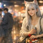 運のいい恋愛を引き寄せる機嫌管理をテーマに、ゲームセンターで隣のカップルを静かに観察している狐耳のセンの横長ポートレート / Sen, a fox-eared young woman with moon-white hair watching a couple in a game arcade, key visual for an article about mood management and lucky relationships