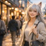 センが青空の下の街を笑顔で歩きながら、前向きな気持ちで今日の一歩を踏み出している横長ポートレート / A fox-eared young woman with moon-white hair walks through the city with a bright smile, captured in a wide horizontal portrait that feels hopeful and light