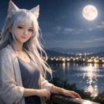 失恋を乗り越えて静かな自信を取り戻したセンが、月夜の湖を見下ろすテラスで夜風に髪を揺らしながら穏やかに微笑んでいる横長ポートレート / Wide moonlit portrait of Sen, a fox-eared young woman with moon-white hair, standing on a lakeside terrace at night, smiling softly in the breeze with distant town lights shimmering behind her after healing from heartbreak