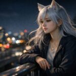 同じタイプの相手ばかり好きになって悩む気持ちをテーマに、夜風を浴びながら街のベンチで物思いにふける狐耳のセンの横長ポートレート / Wide night portrait of Sen, a fox-eared young woman with moon-white hair, sitting in the city night breeze and thinking deeply about repeating the same kind of love pattern