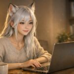 狐耳のセンが私服でデスクに座り、ノートパソコンからブランド品の店頭買取予約をしている横長ポートレート Landscape portrait of Sen, a young fox demi human woman in casual clothes, sitting at her desk and booking a brand buyback appointment on her laptop