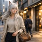 名古屋の街を私服で歩くセンが、ビルとショップのネオンを背景に振り返る横長ポートレート。狐耳と落ち着いたコーデで、ブランド買取の記事用イメージとして街歩きの雰囲気を写している。 Sen, a young fox-eared woman in casual streetwear, walks through the streets of Nagoya, glancing back with city lights and shop signs behind her in a wide landscape portrait that evokes a relaxed day of brand shopping and selling.