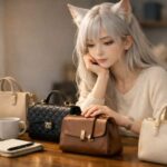 テーブルいっぱいに並べたブランドバッグを前に、どれをコメ兵の店頭買取に出すか静かに考えているセンの横長ポートレート、室内のやわらかい光の中でノートパソコンを開き査定を検討している情景 Horizontal wide photo of Sen, a young fox eared woman with moon white hair, sitting at a table covered with several luxury handbags, thoughtfully comparing them while checking KOMEHYO store buyback information on her laptop in warm indoor light