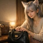 センが静かな部屋でブランドバッグを前に気持ちの整理をしている横長ポートレート, a young woman with fox-like fox ears and moon-white hair quietly reflecting while looking at a luxury handbag on the table