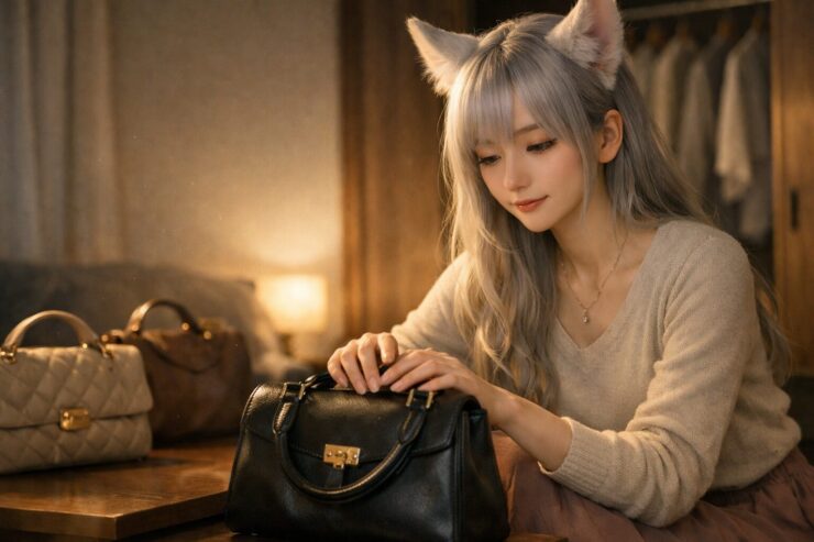 センが静かな部屋でブランドバッグを前に気持ちの整理をしている横長ポートレート, a young woman with fox-like fox ears and moon-white hair quietly reflecting while looking at a luxury handbag on the table