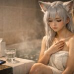 塩酒風呂のあと、自分の体調を確かめるように胸に手を当てて湯船の縁に座る月白の髪と狐耳のセン、その横に粗塩のボウルと日本酒の紙パックと水のグラスが並ぶ夜のバスルームの様子 A moon-haired fox-eared girl, Sen, sits on the edge of a steaming bathtub at night, one hand over her chest as she checks how she feels after a sake and salt bath, with a bowl of coarse salt, a plain sake carton and a glass of water beside her in the warm bathroom light