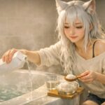 浴室で鬼殺しと粗塩を量りながら塩酒風呂の準備をしているセンの横長ポートレート / Sen preparing a balanced salt-sake bath with Onikoroshi sake and coarse sea salt in a Japanese bathroom