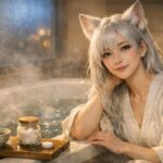 塩酒風呂とエプソムソルトとBARTHを比べながら、月白の髪と狐耳を持つセンがバスタブの縁に座って湯気に包まれている横長ポートレート。塩や日本酒のボトル、エプソムソルトとタブレット型入浴剤が並び、夜のバスルームで「どのお風呂で疲れとメンタルをほどこうか」静かに考えている様子を描いたイメージ。Sen, a fox eared young woman with moon white hair, sits by a steaming bathtub at night, surrounded by bottles of salt and Japanese sake, a pouch of epsom salt and tablet bath additives, visually comparing which bath ritual will ease heavy fatigue and calm her mind.