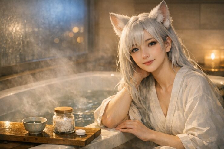 塩酒風呂とエプソムソルトとBARTHを比べながら、月白の髪と狐耳を持つセンがバスタブの縁に座って湯気に包まれている横長ポートレート。塩や日本酒のボトル、エプソムソルトとタブレット型入浴剤が並び、夜のバスルームで「どのお風呂で疲れとメンタルをほどこうか」静かに考えている様子を描いたイメージ。Sen, a fox eared young woman with moon white hair, sits by a steaming bathtub at night, surrounded by bottles of salt and Japanese sake, a pouch of epsom salt and tablet bath additives, visually comparing which bath ritual will ease heavy fatigue and calm her mind.