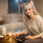 塩酒風呂のQ&Aをイメージした、狐耳の若い人が夜のバスルームで湯気に包まれて静かに考え込んでいる横長ポートレート（鬼殺し・粗塩・塩酒風呂・配管の不安を抱えた夜の雰囲気） / Horizontal portrait of a young person with fox-like ears sitting in a steamy bathroom at night, calmly reflecting on salt sake bath Q&A about onikoroshi, coarse salt, frequency and plumbing worries