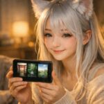 スマホの待ち受け画面をこちらに向けてそっと見せながら微笑む狐耳の女性セン。伊勢神宮や清正の井などの開運待ち受けに振り回されず自分のペースで選ぼうとする静かな空気を描いたポートレート。 A gentle fox eared young woman named Sen smiles while showing her phone wallpaper toward the viewer, suggesting a calm and kind way to choose shrine wallpapers without blaming yourself.