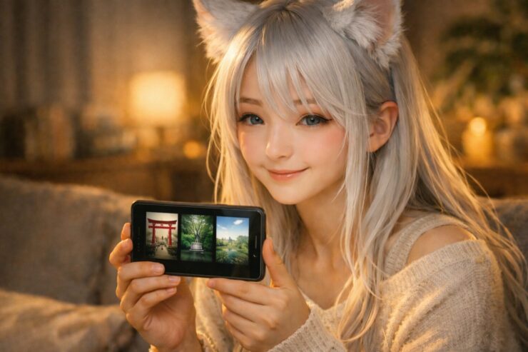 スマホの待ち受け画面をこちらに向けてそっと見せながら微笑む狐耳の女性セン。伊勢神宮や清正の井などの開運待ち受けに振り回されず自分のペースで選ぼうとする静かな空気を描いたポートレート。 A gentle fox eared young woman named Sen smiles while showing her phone wallpaper toward the viewer, suggesting a calm and kind way to choose shrine wallpapers without blaming yourself.