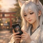 神社の参道で月白の髪と狐耳を持つ若い女性がスマホを見つめて立っている。画面には鳥居の待ち受けがぼんやり映り、夕暮れの光と玉ボケが周りを包む。神社待ち受けの効果や距離感について静かに考える一瞬を切り取った構図。 A fox eared young woman with moon white hair quietly studies the shrine wallpaper on her phone as she stands on a path before a red torii, wrapped in warm evening light and soft bokeh.