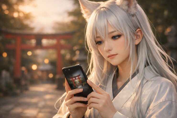 神社の参道で月白の髪と狐耳を持つ若い女性がスマホを見つめて立っている。画面には鳥居の待ち受けがぼんやり映り、夕暮れの光と玉ボケが周りを包む。神社待ち受けの効果や距離感について静かに考える一瞬を切り取った構図。 A fox eared young woman with moon white hair quietly studies the shrine wallpaper on her phone as she stands on a path before a red torii, wrapped in warm evening light and soft bokeh.