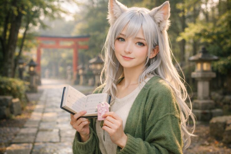 参道の石畳の上で、月白色のロングヘアと狐耳を持つ若い女性が、開いたマンスリー手帳と桜模様のピンクのお守りを手に穏やかに微笑んでいる。朝の光の中、奥には赤い鳥居と石灯籠がぼんやり映り、朔日参りや朝参りを「自分のペースで決めていい」と伝えてくれるような神社ルーティンのイメージ。 A young fox eared woman with long moon white hair stands on a stone path at a tranquil shrine, softly smiling as she holds an open monthly planner and a pink sakura omamori. A red torii gate and stone lanterns blur in the morning light behind her, suggesting a gentle, self-kind way to choose how often to visit the shrine.