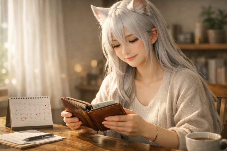 木のテーブルに長財布と月間カレンダーを広げ、吉日を静かに見つめながらこれからのお金との付き合い方を考えている若い日本人女性の横長ポートレート。柔らかな日差しと落ち着いた色味が、一粒万倍日や天赦日に振り回されず自分のペースで金運と家計を整える感覚を表現。 A young Japanese woman sits at a wooden table with a slim wallet and a monthly calendar, bathed in soft light, quietly reflecting on her money routine and how to use lucky days without pressure.