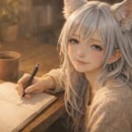 木の机で湯気の立つマグカップのそばに座り、狐耳と銀色の長い髪をした女の子が柔らかい表情でノートに文字を書いている、あたたかな灯りの室内シーン。少し疲れをにじませながらも、ほっと力の抜けたやさしい笑顔が印象的なポートレート。 / A fox-eared young woman with long silver hair sits at a wooden desk beside a warm mug, gently smiling as she writes in a notebook under soft golden light, looking a little tired but relieved and at ease.