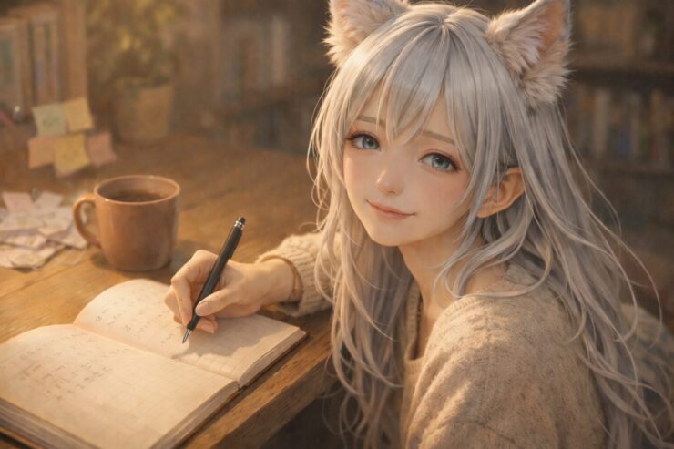 木の机で湯気の立つマグカップのそばに座り、狐耳と銀色の長い髪をした女の子が柔らかい表情でノートに文字を書いている、あたたかな灯りの室内シーン。少し疲れをにじませながらも、ほっと力の抜けたやさしい笑顔が印象的なポートレート。 / A fox-eared young woman with long silver hair sits at a wooden desk beside a warm mug, gently smiling as she writes in a notebook under soft golden light, looking a little tired but relieved and at ease.