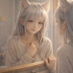 鏡の前で朝のアファメーションをためらいながらも小さく微笑む狐耳の女性のポートレート。自分を責める言葉から半歩前向きな宣言へ切り替えようとしている静かな瞬間。｜A fox-eared young woman hesitates yet softly smiles at her reflection, trying to shift from self-criticism to a gentle morning affirmation.