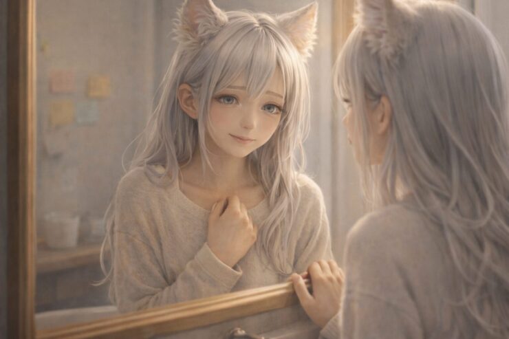 鏡の前で朝のアファメーションをためらいながらも小さく微笑む狐耳の女性のポートレート。自分を責める言葉から半歩前向きな宣言へ切り替えようとしている静かな瞬間。｜A fox-eared young woman hesitates yet softly smiles at her reflection, trying to shift from self-criticism to a gentle morning affirmation.