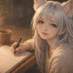 夜の木の机で、狐耳の女性がノートを開きペンを止めてこちらを見る。小さなランプの暖色光とマグカップが、願いと感謝を同じページに置く静けさを伝える。 A fox-eared woman pauses her pen over an open notebook at a wooden desk, looking up in warm lamp light, a mug nearby, capturing a calm wish-and-gratitude journaling moment.