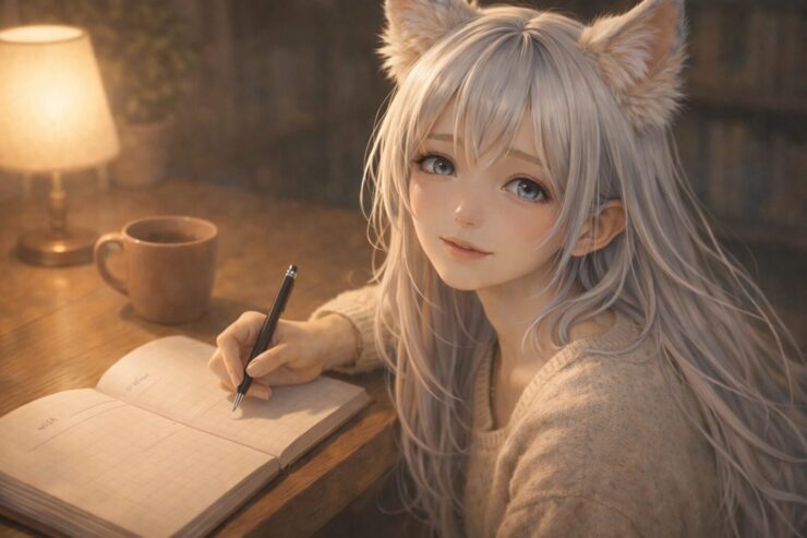 夜の木の机で、狐耳の女性がノートを開きペンを止めてこちらを見る。小さなランプの暖色光とマグカップが、願いと感謝を同じページに置く静けさを伝える。 A fox-eared woman pauses her pen over an open notebook at a wooden desk, looking up in warm lamp light, a mug nearby, capturing a calm wish-and-gratitude journaling moment.