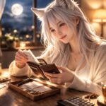 満月の夜、机の上の財布とレシートを整えながら微笑む狐耳の女性。あたたかなランプ光と静けさで、お金と心を整える10分の習慣を描く。A fox-eared young woman organizes a wallet and receipts under warm lamplight, a calm 10-minute moonlit money-care ritual.