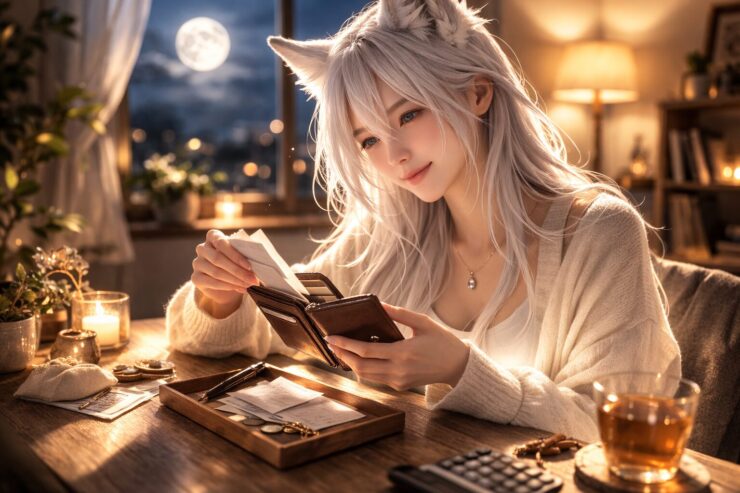 満月の夜、机の上の財布とレシートを整えながら微笑む狐耳の女性。あたたかなランプ光と静けさで、お金と心を整える10分の習慣を描く。A fox-eared young woman organizes a wallet and receipts under warm lamplight, a calm 10-minute moonlit money-care ritual.