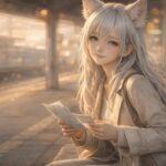 吉方位旅行を前に、地図と手帳をそっと見つめる狐耳の若い女性。窓の自然光が頬を照らし、不安と小さな決意が同居する横長ポートレート。A fox-eared young woman studies a map and notebook in soft window light, her eyes holding quiet worry and resolve in a wide portrait.