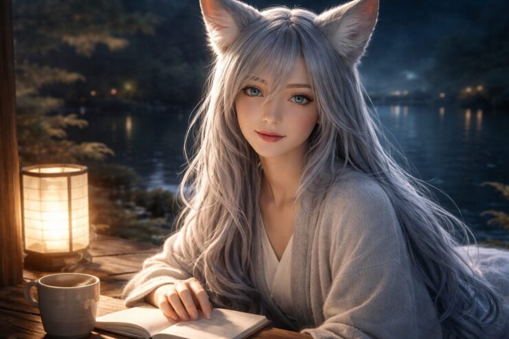 月明かりの湖畔で、白狐の獣人の女性センがノートを開き、静かにこちらを見つめている横長ポートレート。灯りと湯気のあるマグが、焦りをほどく夜の空気をつくる。 EN：A horizontal portrait of Sen, an adult white fox demi-human woman by a moonlit lakeside, looking gently toward the viewer with an open notebook; a warm lantern and a steaming mug create a calm, unhurried atmosphere.