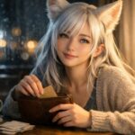 雨の夜、窓辺のデスクで白狐の獣人の女性センが革財布を手に、封筒を差し込んで中身を整えている横長ポートレート。湯気の立つマグと柔らかなランプ光が、静かな安心感を添える。 EN：A horizontal portrait of Sen, an adult white fox demi-human woman at a desk by a rainy window, gently organizing a leather wallet while sliding in a small envelope; a steaming mug and warm lamp light create a calm, reassuring mood.