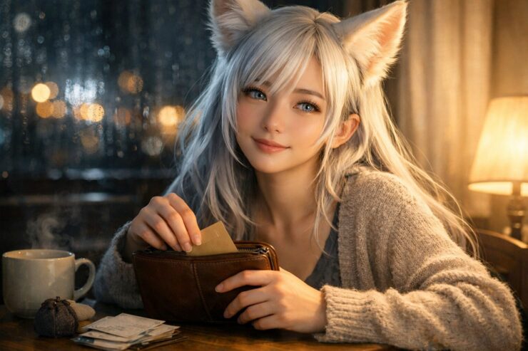 雨の夜、窓辺のデスクで白狐の獣人の女性センが革財布を手に、封筒を差し込んで中身を整えている横長ポートレート。湯気の立つマグと柔らかなランプ光が、静かな安心感を添える。 EN：A horizontal portrait of Sen, an adult white fox demi-human woman at a desk by a rainy window, gently organizing a leather wallet while sliding in a small envelope; a steaming mug and warm lamp light create a calm, reassuring mood.