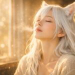 朝の黄金色の光の中、白銀の髪と白い狐耳の女性が目を閉じ、静かに息を吐く横顔ポートレート。吐息が白くほどけ、空気中の光粒がきらめく。 Side-profile portrait of a white-haired fox-eared woman with eyes closed, gently exhaling visible breath in warm morning light, with floating golden dust motes.