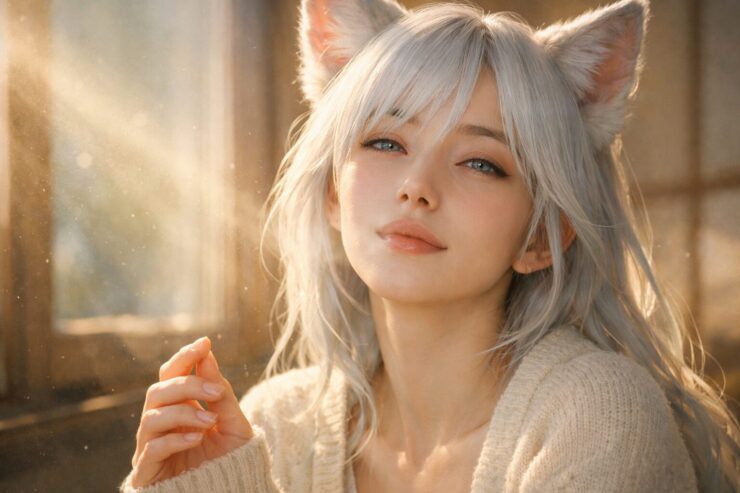 朝の窓辺で朝日を受け、静かに息を吐くセンの横長ポートレート。月白の長髪と青灰の瞳、透ける狐耳、柔らかなニットと光の粒が「浄化」の空気をつくる。A horizontal portrait of Sen in warm morning sunlight by a window, exhaling softly, with moon-white hair, blue-gray eyes, translucent fox ears, and drifting dust motes.