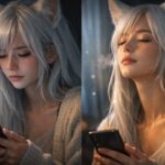 朝日の逆光の中、白い髪と狐耳の女性が目を閉じ、白い息をそっと吐き出している横長ポートレート。金色の粒子が舞い、静かな浄化と深呼吸の瞬間を表す。 Wide portrait of a white-haired fox-eared woman in warm sunrise backlight, eyes closed as she gently exhales visible breath; golden dust floats in the air, evoking calm cleansing and deep breathing.