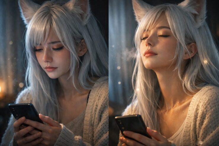 朝日の逆光の中、白い髪と狐耳の女性が目を閉じ、白い息をそっと吐き出している横長ポートレート。金色の粒子が舞い、静かな浄化と深呼吸の瞬間を表す。 Wide portrait of a white-haired fox-eared woman in warm sunrise backlight, eyes closed as she gently exhales visible breath; golden dust floats in the air, evoking calm cleansing and deep breathing.