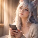 朝の柔らかな日差しが差し込む部屋で、白銀の長髪と狐耳のセンがスマホを両手に持ち、少し遠くを見つめている横長ポートレート。光の粒が舞い、落ち着いた意図と静かな始まりを感じさせる。 EN：Horizontal portrait of Sen with long silver-white hair and fox ears holding a smartphone in both hands, gazing softly in warm morning window light with floating dust motes, suggesting a calm, intentional start to the day.