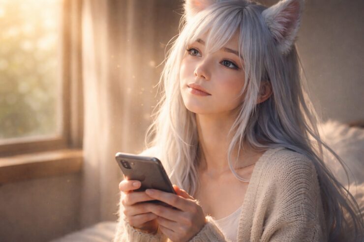 朝の柔らかな日差しが差し込む部屋で、白銀の長髪と狐耳のセンがスマホを両手に持ち、少し遠くを見つめている横長ポートレート。光の粒が舞い、落ち着いた意図と静かな始まりを感じさせる。 EN：Horizontal portrait of Sen with long silver-white hair and fox ears holding a smartphone in both hands, gazing softly in warm morning window light with floating dust motes, suggesting a calm, intentional start to the day.