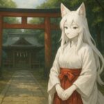 白い狐の獣人が巫女装束で神社の鳥居の前に立つ、穏やかで霊的な雰囲気のイラスト