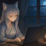 ノートパソコンを静かに見つめる狐耳の少女センのイラスト（夜の書斎・柔らかな光）