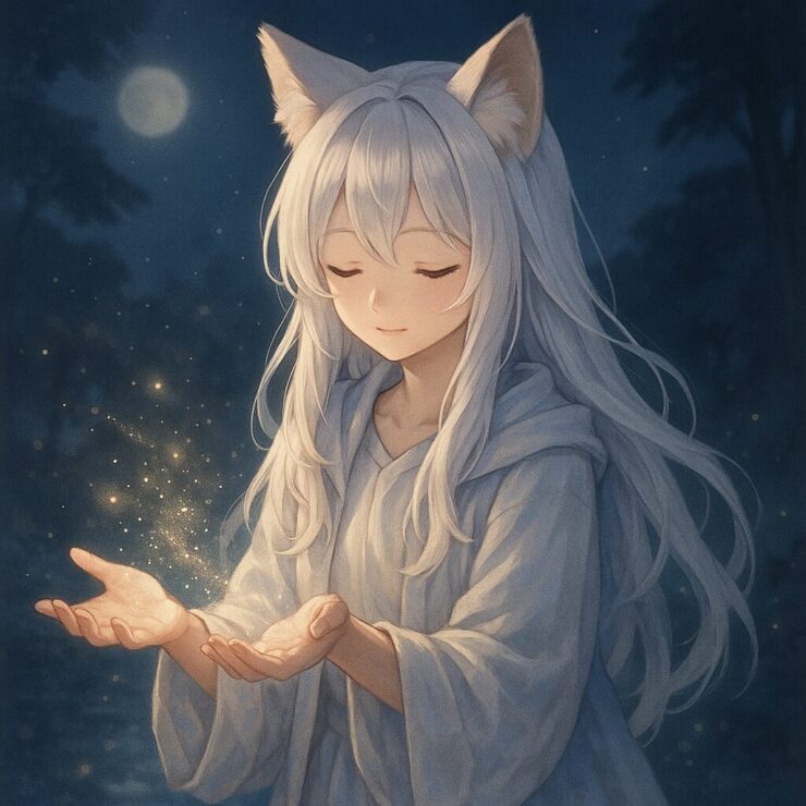 祈るように両手を差し出す狐耳の少女センと、手から広がる幻想的な光の粒子(月明かりの中)